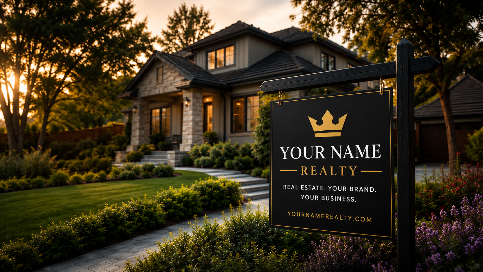 Your Name Realty sign in front of a luxury California home at golden hour